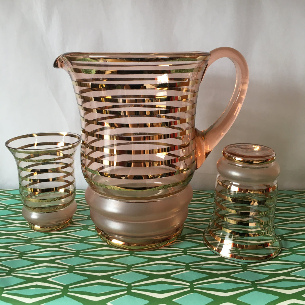 Pink and gold striped glass jug set