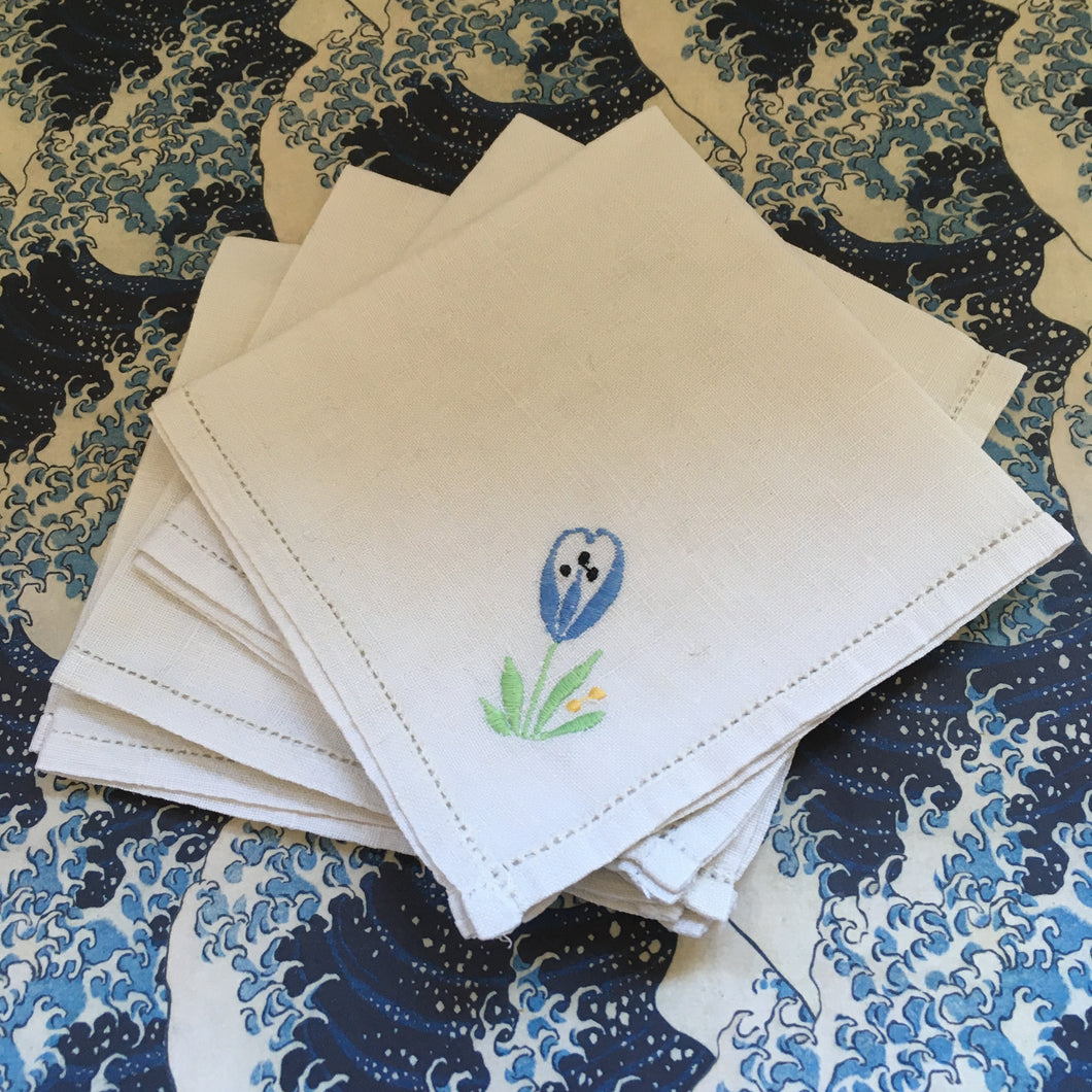 4 Linen hand embroidered teatime napkins